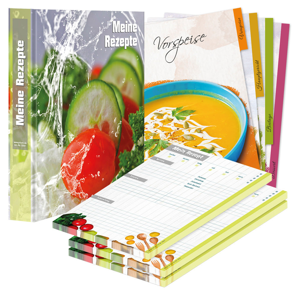 rezeptordner komplett-set frisches gemüse, a4, rezeptordner frisches gemüse bunte optik mit abgebildeten  gemüsesorten und der aufschrift meine rezepte, mit drei passenden rezeptblöcken frisches gemüse und passenden registern