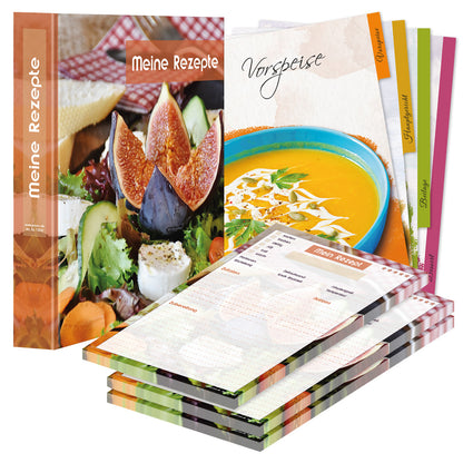 rezeptordner komplett-set french salad, a4, rezeptordner french salad bunte optik mit abgebildete salat mit feigen und der aufschrift meine rezepte, mit drei passenden rezeptblöcken french salad und passenden registern