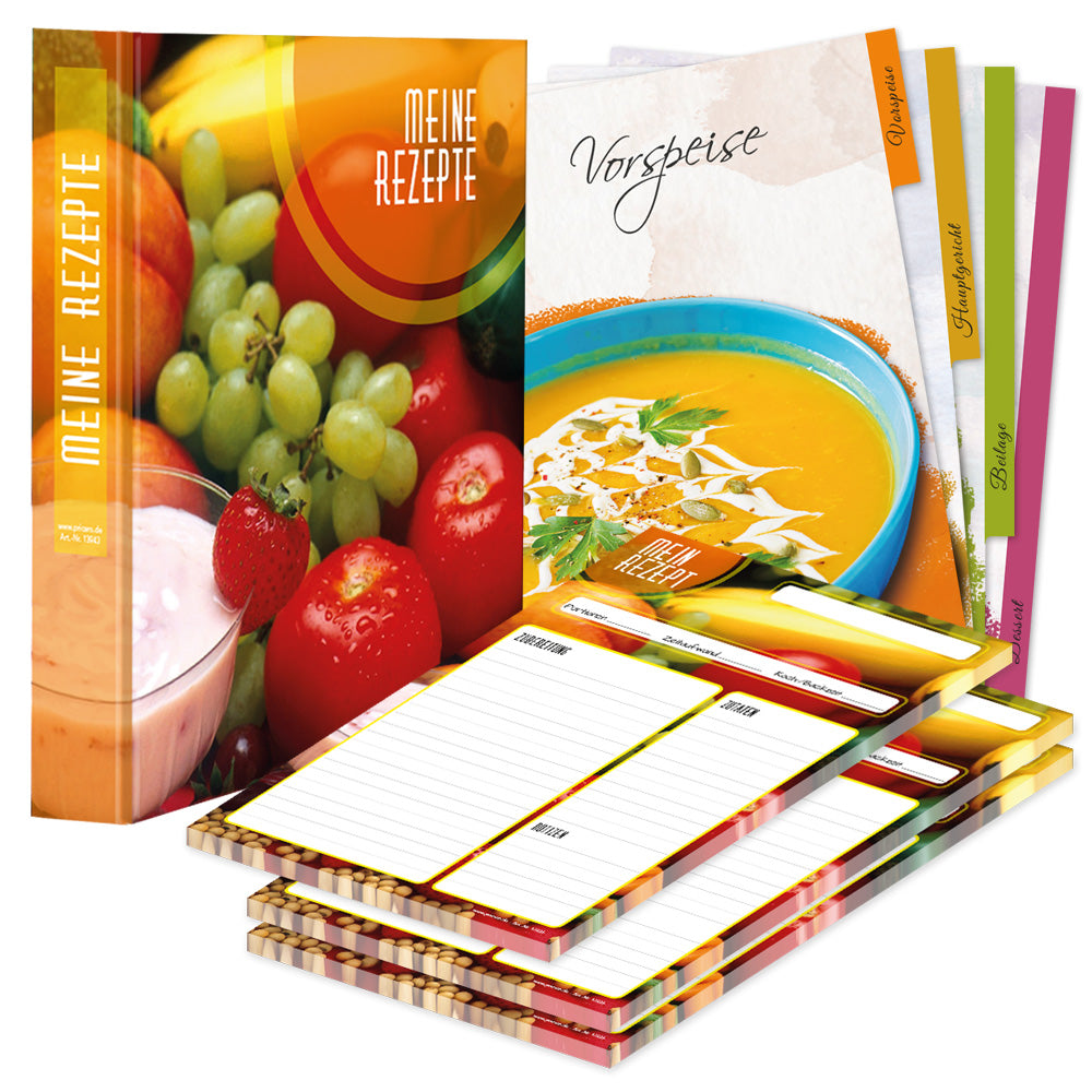 rezeptordner komplett-set bunte zutaten, a4, rezeptordner bunte zutaten bunte optik mit abgebildeten obst und gemüse und der aufschrift meine rezepte, mit drei passenden rezeptblöcken bunte zutaten und passenden registern