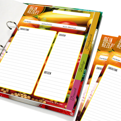 rezeptordner komplett-set bunte zutaten, a4, rezeptordner bunte zutaten mit abgehefteten registern und rezeptblöcken