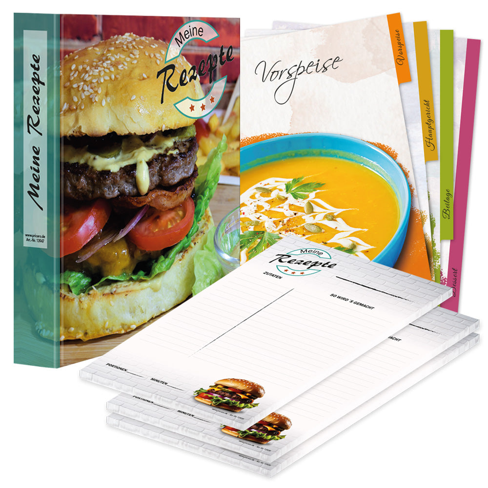 rezeptordner komplett-set american burger, a4, rezeptordner american burger bunte optik mit abgebildetem burger und der aufschrift meine rezepte, mit drei passenden rezeptblöcken american burger und passenden registern