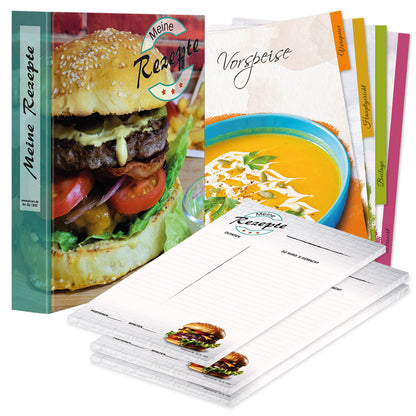 rezeptordner komplett-set american burger, a4, rezeptordner american burger bunte optik mit abgebildetem burger und der aufschrift meine rezepte, mit drei passenden rezeptblöcken american burger und passenden registern