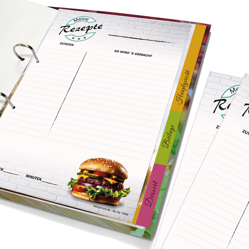 rezeptordner komplett-set american burger, a4, rezeptordner american burger mit abgehefteten registern und rezeptblöcken
