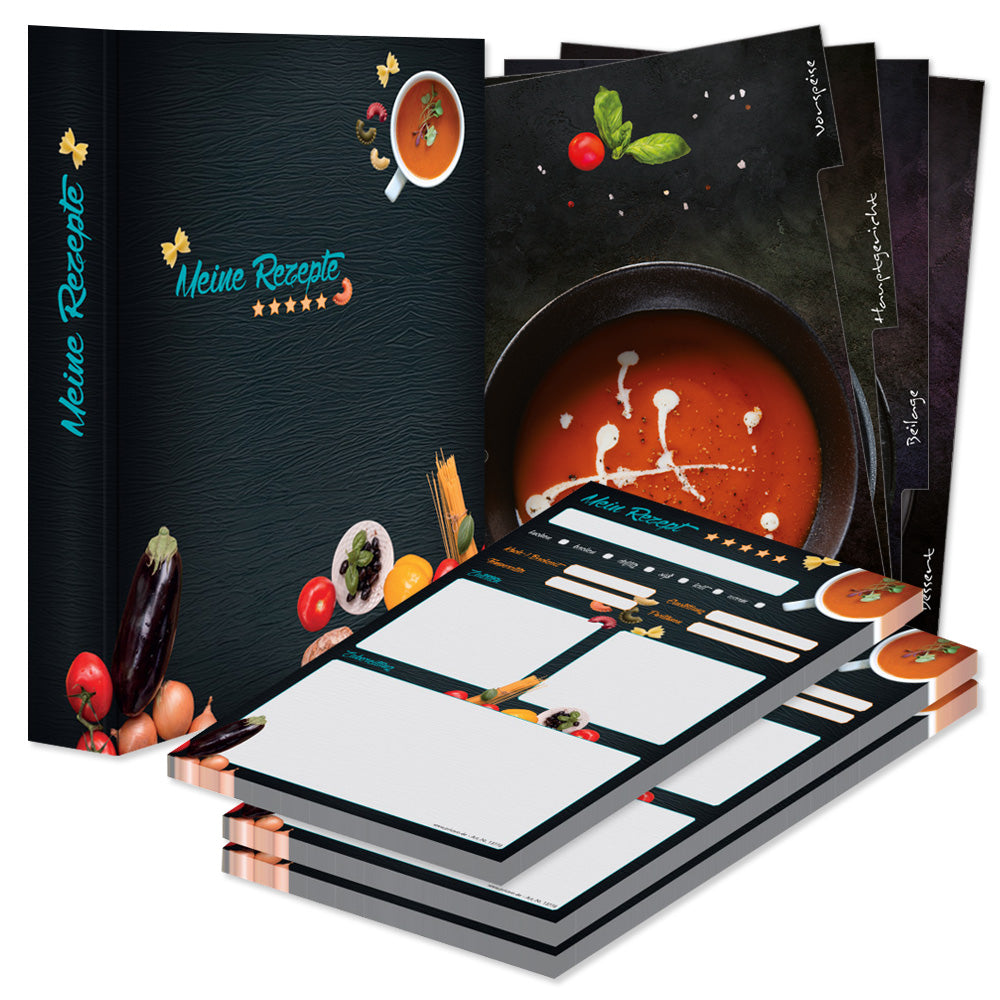 rezeptordner komplett-set buon appetito zwei, a4, rezeptordner buon appetito schwarz-bunte optik mit abgebildeten pastazutaten und der aufschrift meine rezepte, mit drei passenden rezeptblöcken buon appetito und passenden registern