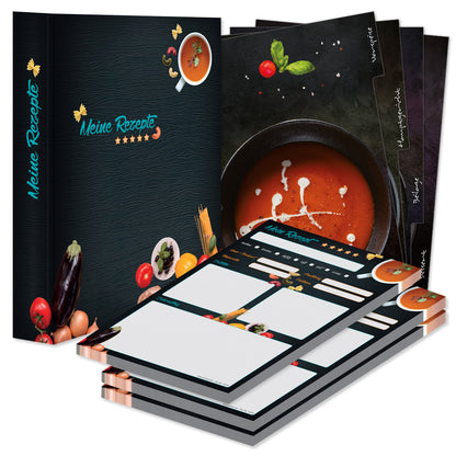 rezeptordner komplett-set buon appetito zwei, a4, rezeptordner buon appetito schwarz-bunte optik mit abgebildeten pastazutaten und der aufschrift meine rezepte, mit drei passenden rezeptblöcken buon appetito und passenden registern