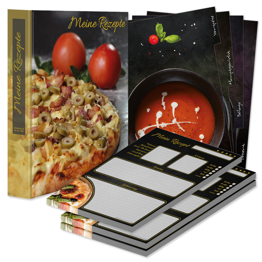rezeptordner komplett-set pizza toscana, a4, rezeptordner pizza toscana schwarz-bunte optik mit abgebildeter pizza und der aufschrift meine rezepte, mit drei passenden rezeptblöcken pizza toscana und passenden registern