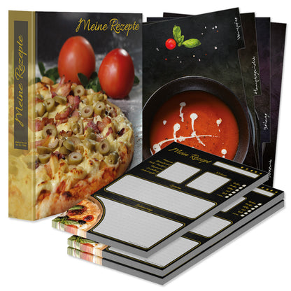 rezeptordner komplett-set pizza toscana, a4, rezeptordner pizza toscana schwarz-bunte optik mit abgebildeter pizza und der aufschrift meine rezepte, mit drei passenden rezeptblöcken pizza toscana und passenden registern