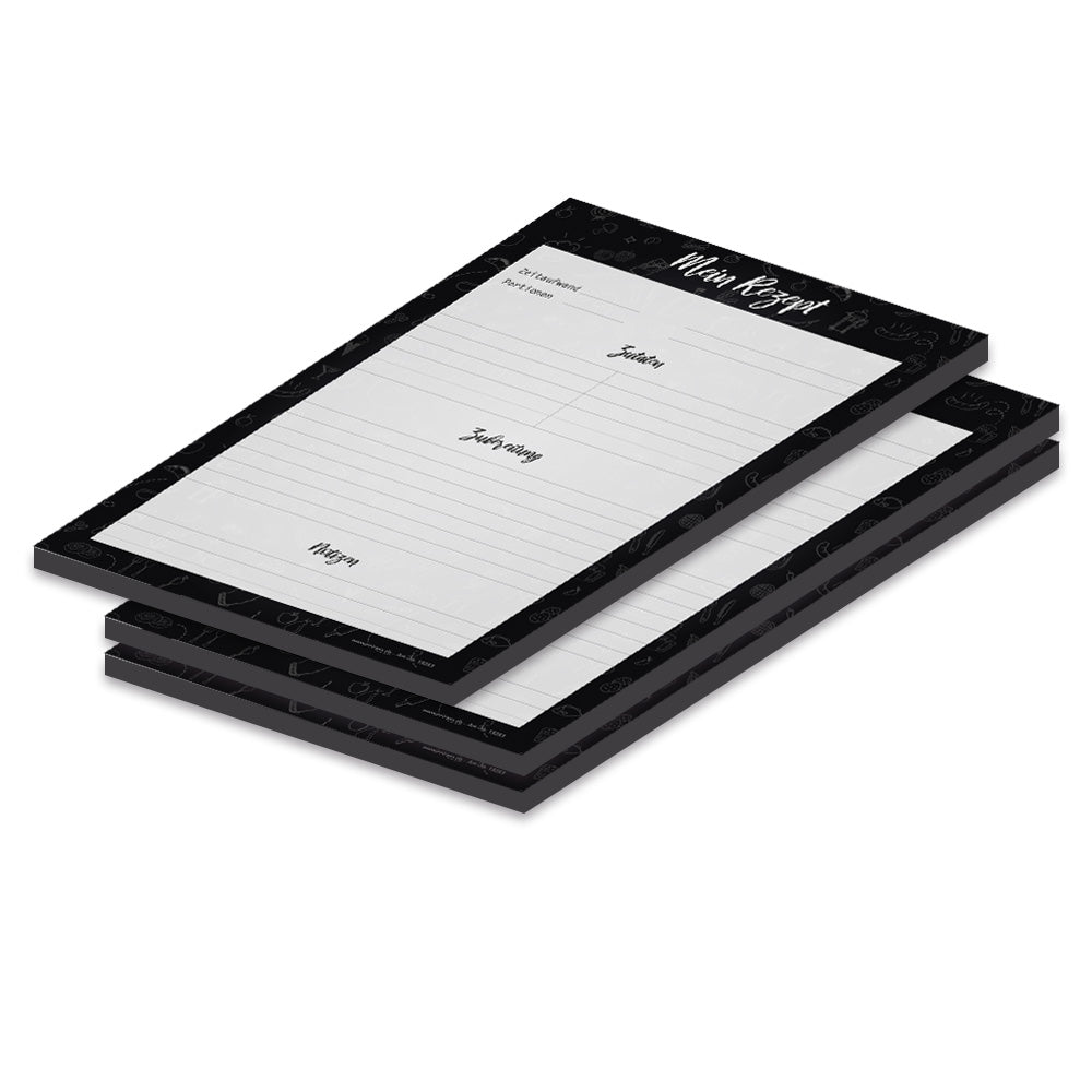 rezeptblock doodles a4, grau schwarze optik, mit platz für zubereitungsschitte, zutaten und notizen,3er set