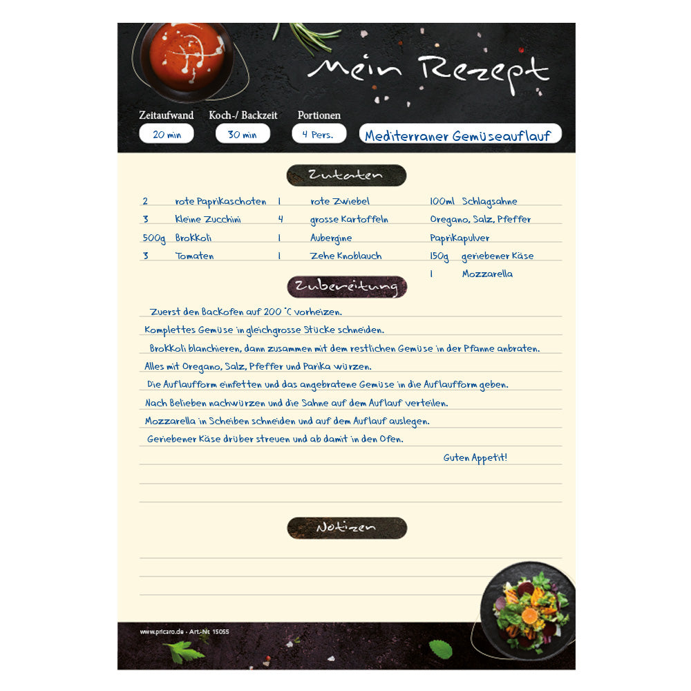 rezeptblock gourmet, a4, gelb-schwarze optik, ausfüllbeispiel