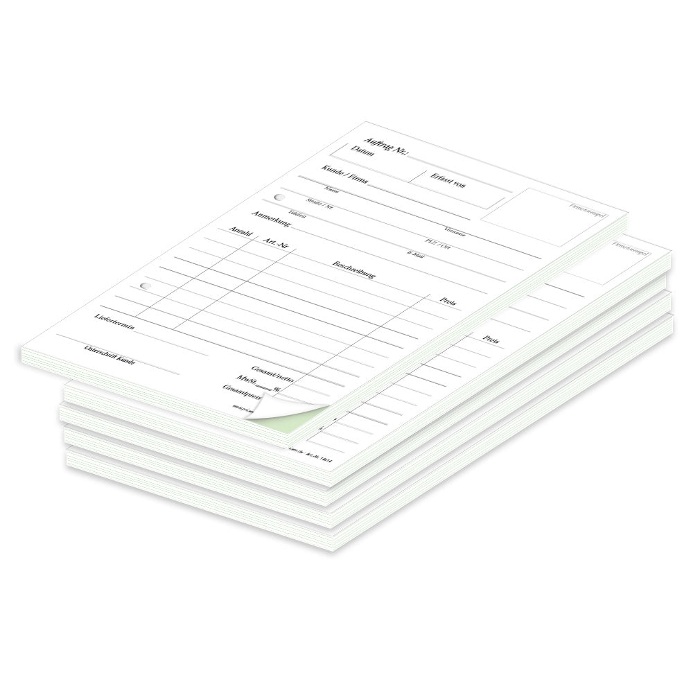 auftragsblock a5, gelocht, klassische schwarz-weiße optik mit grünem durchschlag, platz für alle wichtigen details (kundendaten, bestelldetails), 5er set