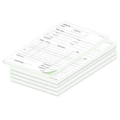 auftragsblock a5, gelocht, klassische schwarz-weiße optik mit grünem durchschlag, platz für alle wichtigen details (kundendaten, bestelldetails), 5er set