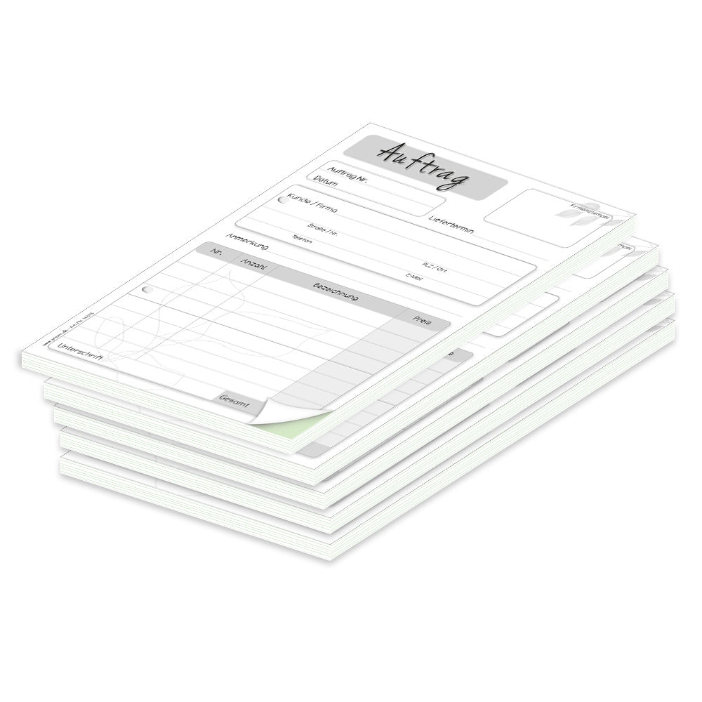 auftragsblock blätter, a5, gelocht schwarz-weiße optik mit grünem durchschlag,  blätteroptik, platz für alle wichtigen details (kundendaten, bestelldetails), 5er set