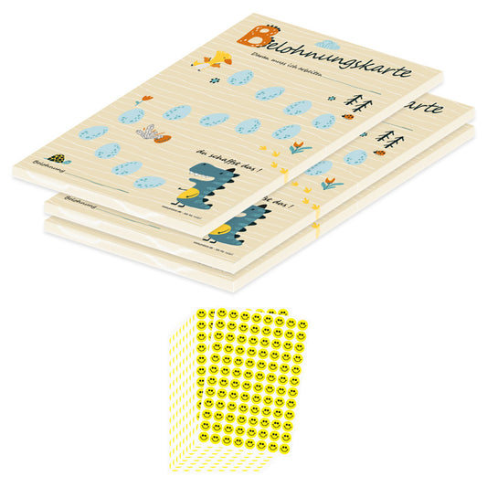 belohnungskarte dino, beige-bunte optik, mit aufgedruckten dinos und dinoeiern auf die, die smileys geklebt werden, 3er set mit smiley aufklebern gelb