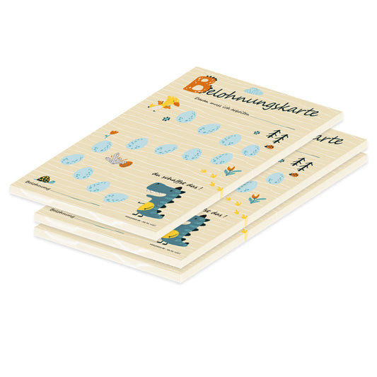 belohnungskarte dino, beige-bunte optik, mit aufgedruckten dinos und dinoeiern auf die, die smileys geklebt werden, 3er set