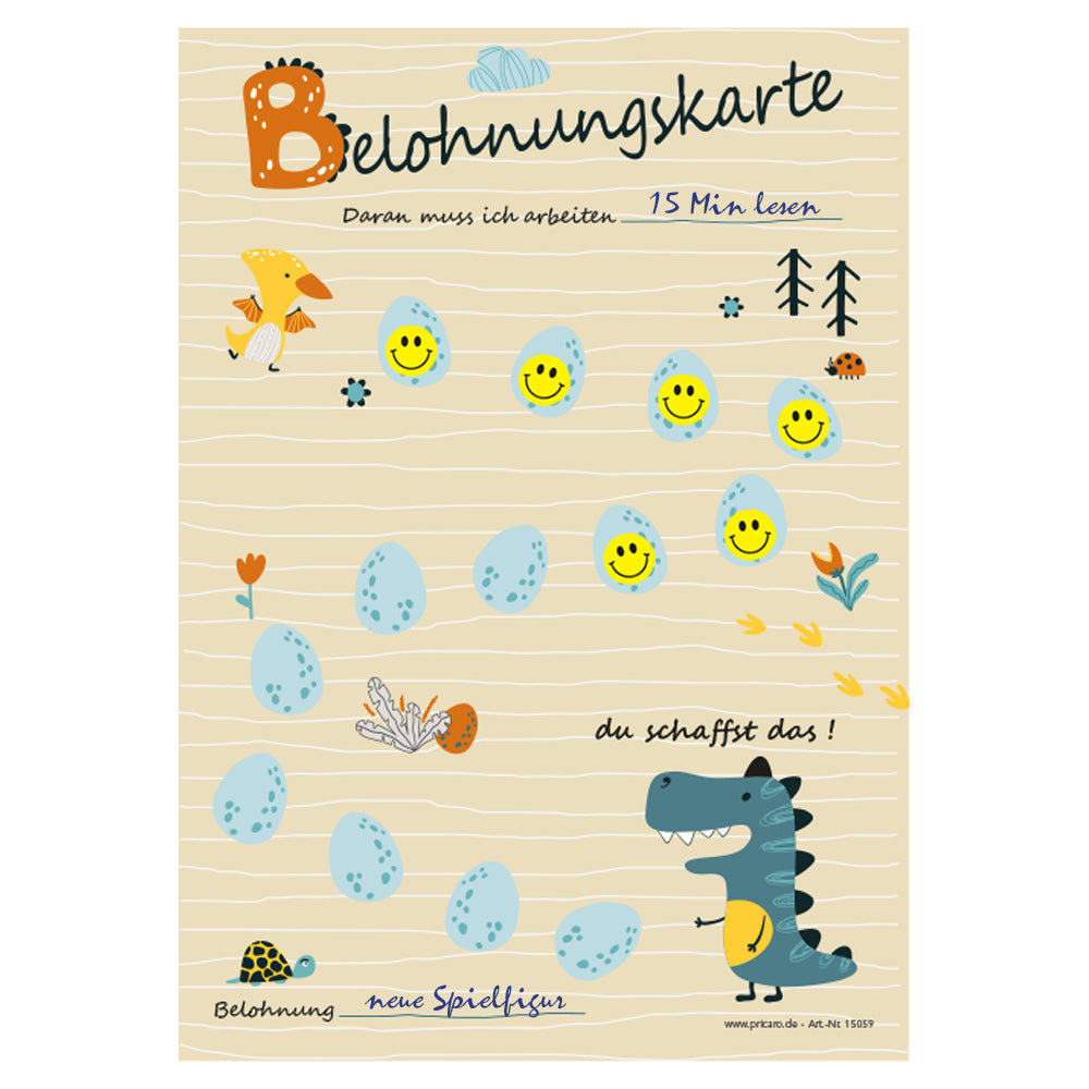 belohnungskarte dino, beige-bunte optik, mit aufgedruckten dinos und dinoeiern auf die, die smileys geklebt werden, ausfüllbeispiel