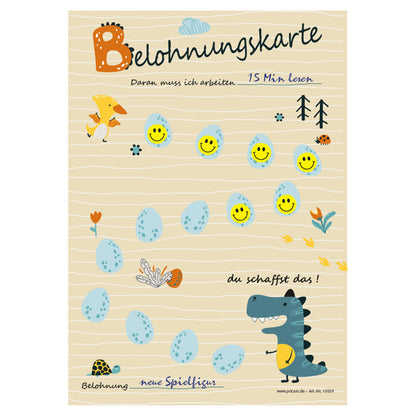belohnungskarte dino, beige-bunte optik, mit aufgedruckten dinos und dinoeiern auf die, die smileys geklebt werden, ausfüllbeispiel