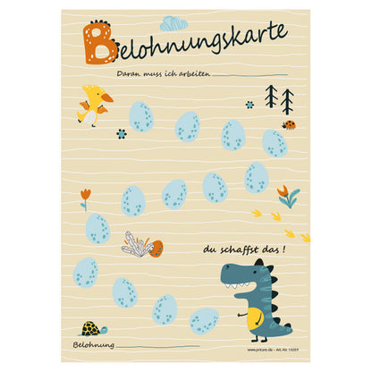 belohnungskarte dino, beige-bunte optik, mit aufgedruckten dinos und dinoeiern auf die, die smileys geklebt werden, frontansicht