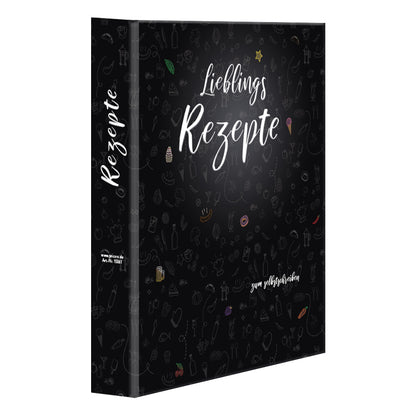 rezeptordner doodles a4, ansicht ordnerrücken und vorderseite, schwarze optik mit aufschrift lieblingsrezepte zum selbstschreiben