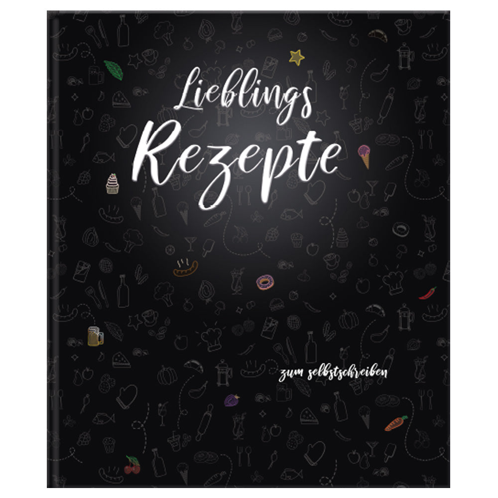 rezeptordner doodles a4, ansicht vorderseite, schwarze optik mit aufschrift lieblingsrezepte zum selbstschreiben
