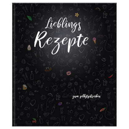 rezeptordner doodles a4, ansicht vorderseite, schwarze optik mit aufschrift lieblingsrezepte zum selbstschreiben