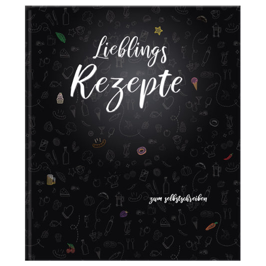 rezeptordner doodles a4, ansicht vorderseite, schwarze optik mit aufschrift lieblingsrezepte zum selbstschreiben
