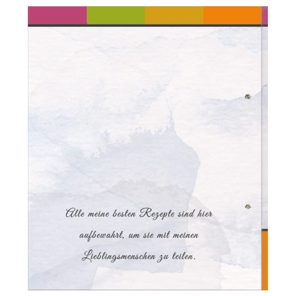rezeptordner delicious a5, grau bunte optik, ansicht rückseite mit der aufschrift "all meine besten rezepte sind hier aufbewahrt um sie mit meinen lieblingsmenschen zu teilen"