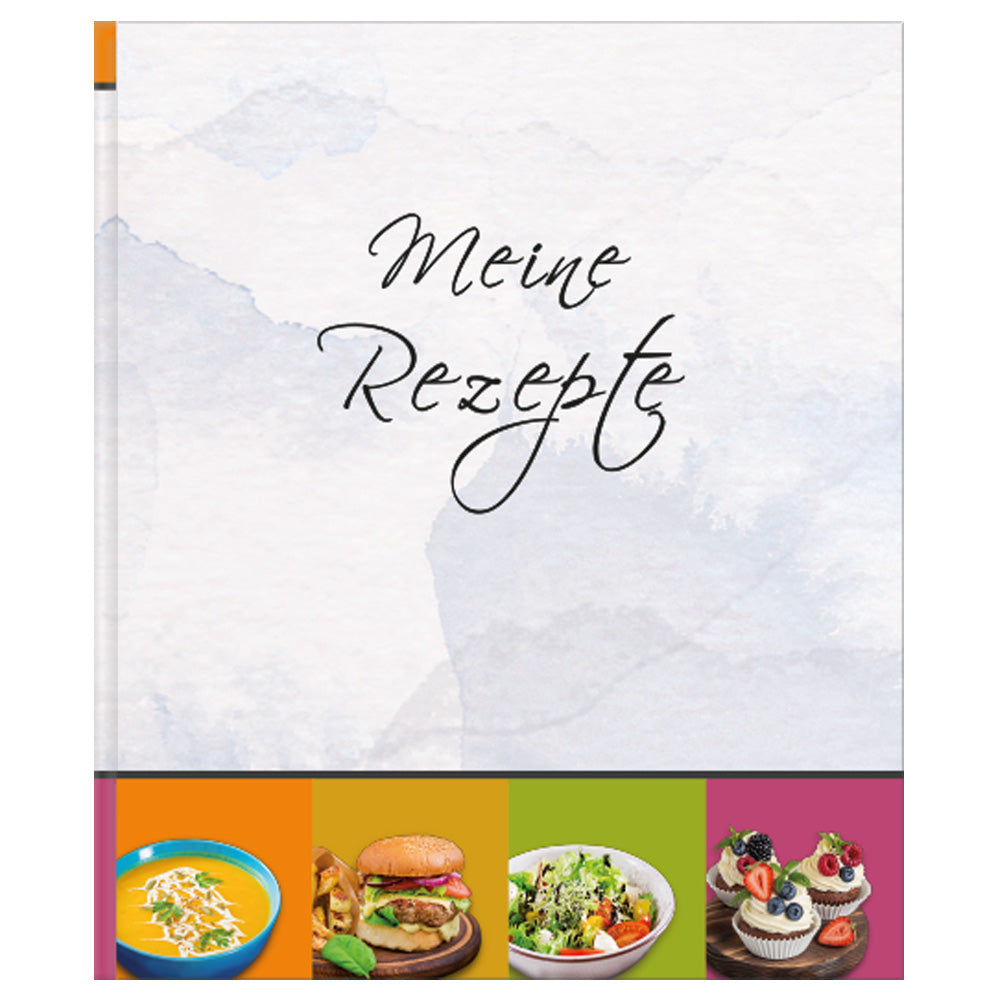 rezeptordner delicious a4, grau bunte optik, ansicht vorderseite mit verschiedenen gerichten und der aufschrift "meine rezepte"