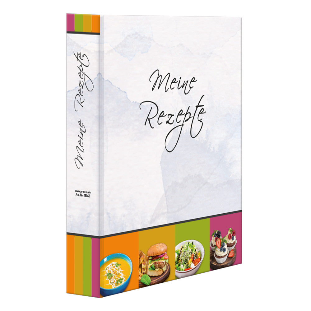rezeptordner delicious grau-bunt, seitliche ansicht auf vorderseite und ordnerrücken mit der aufschrift "meine rezepte"