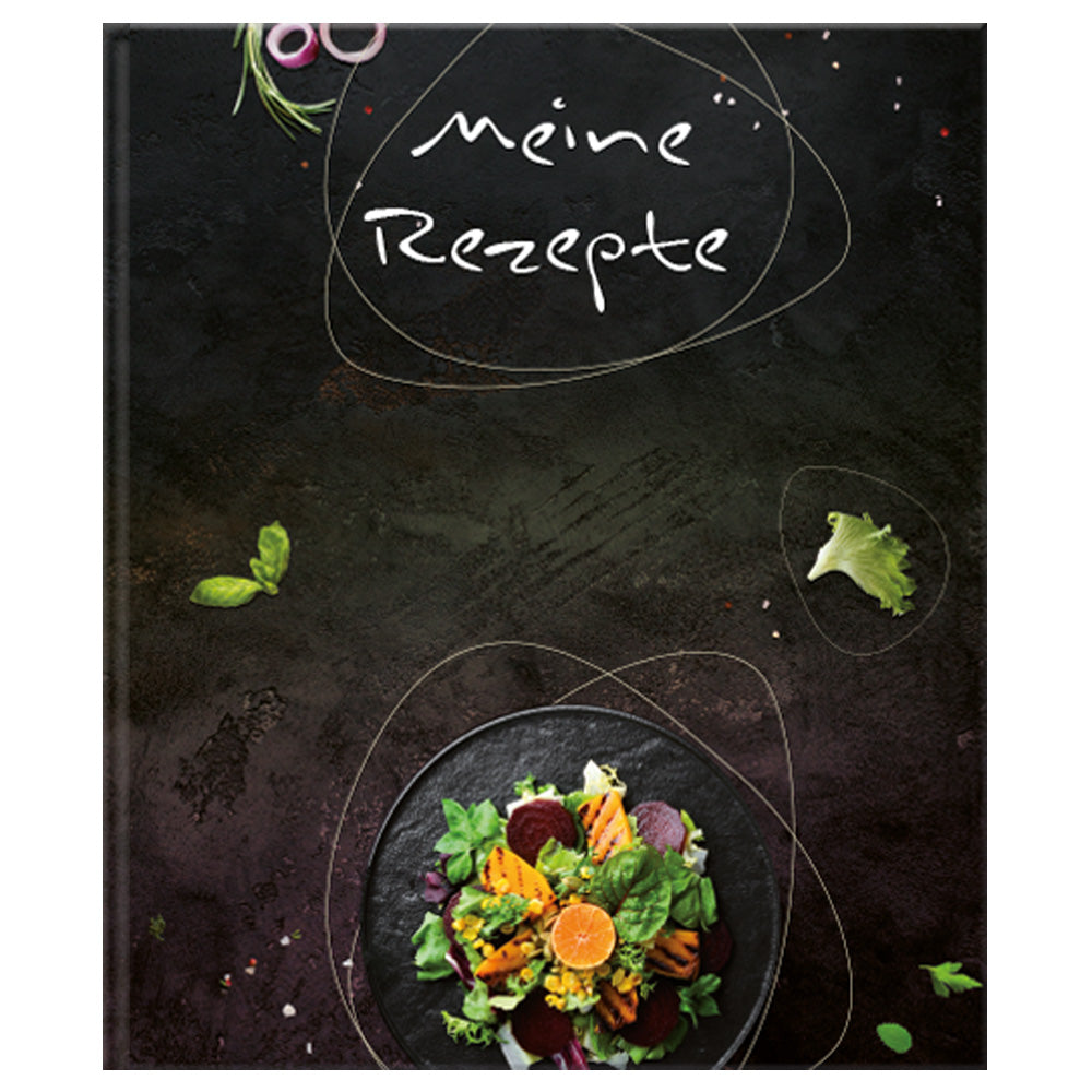 rezeptordner gourmet, a4, schwarz-bunte optik vorderseite mit salat und der weißen aufschrift "meine rezepte"