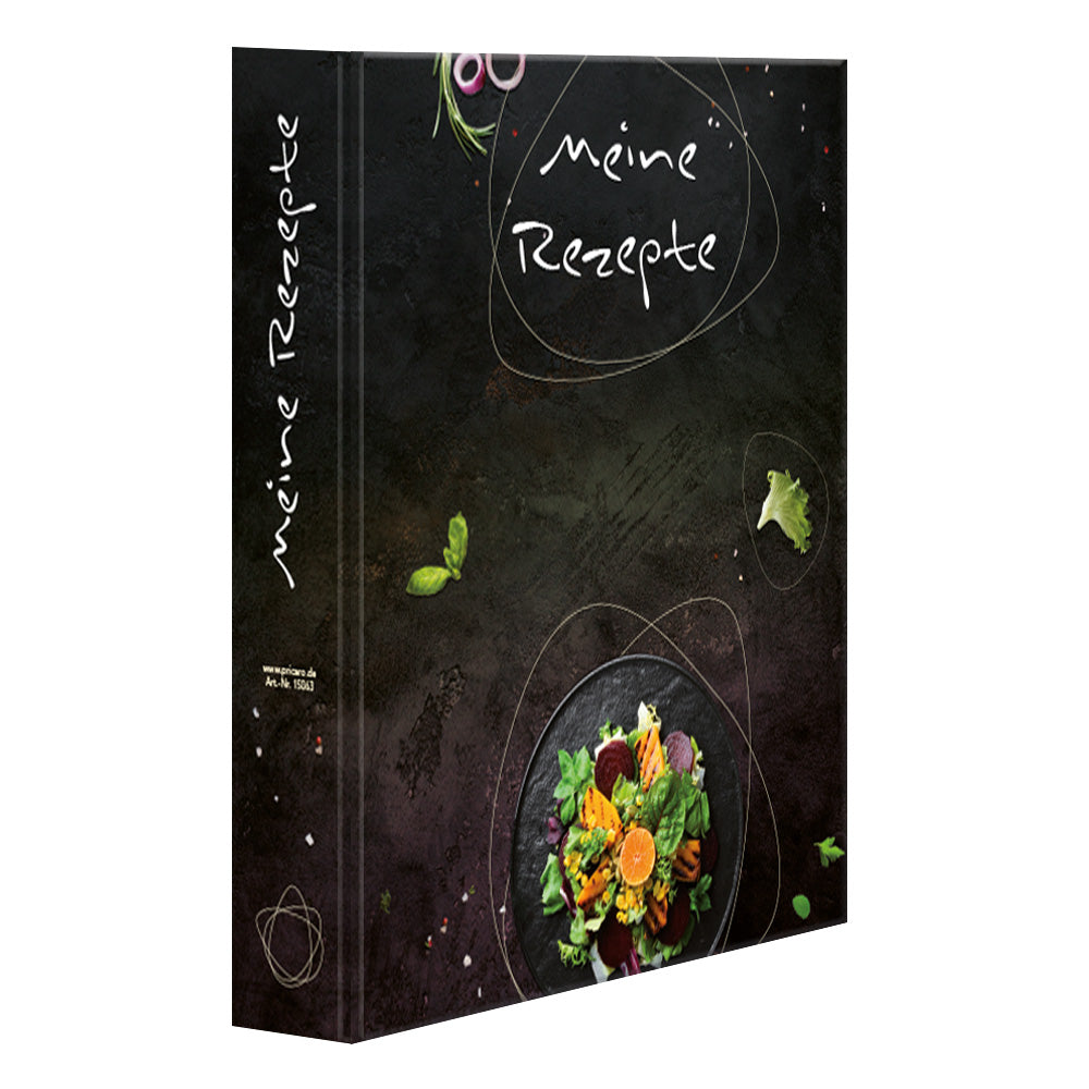 rezeptordner gourmet, a4, schwarz-bunte optik seitliche frontansicht mit salat und der weißen aufschrift "meine rezepte" auf vorderseite und ordnerrücken