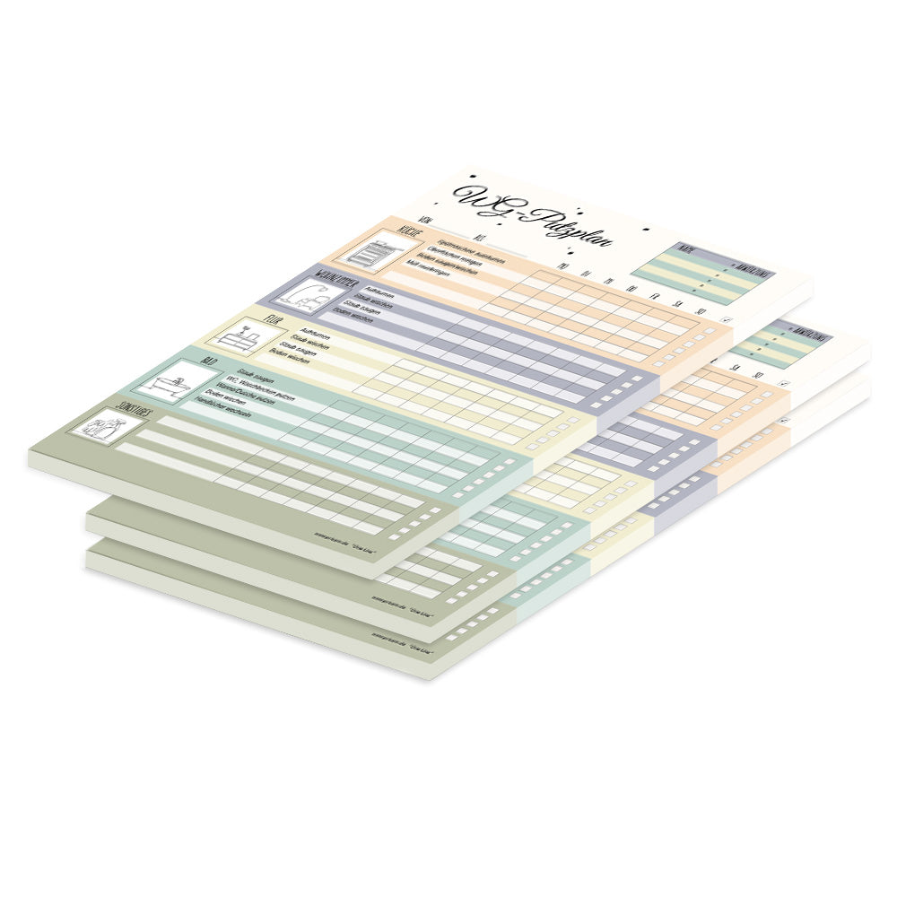 putzplaner one line, wg putzplan, mit icons und aufgaben zum abhaken, bunte optik, 3er set