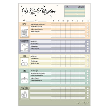 putzplan one line, bunte optik mit spalten für verschiedene zimmer und wochentage, front ansicht