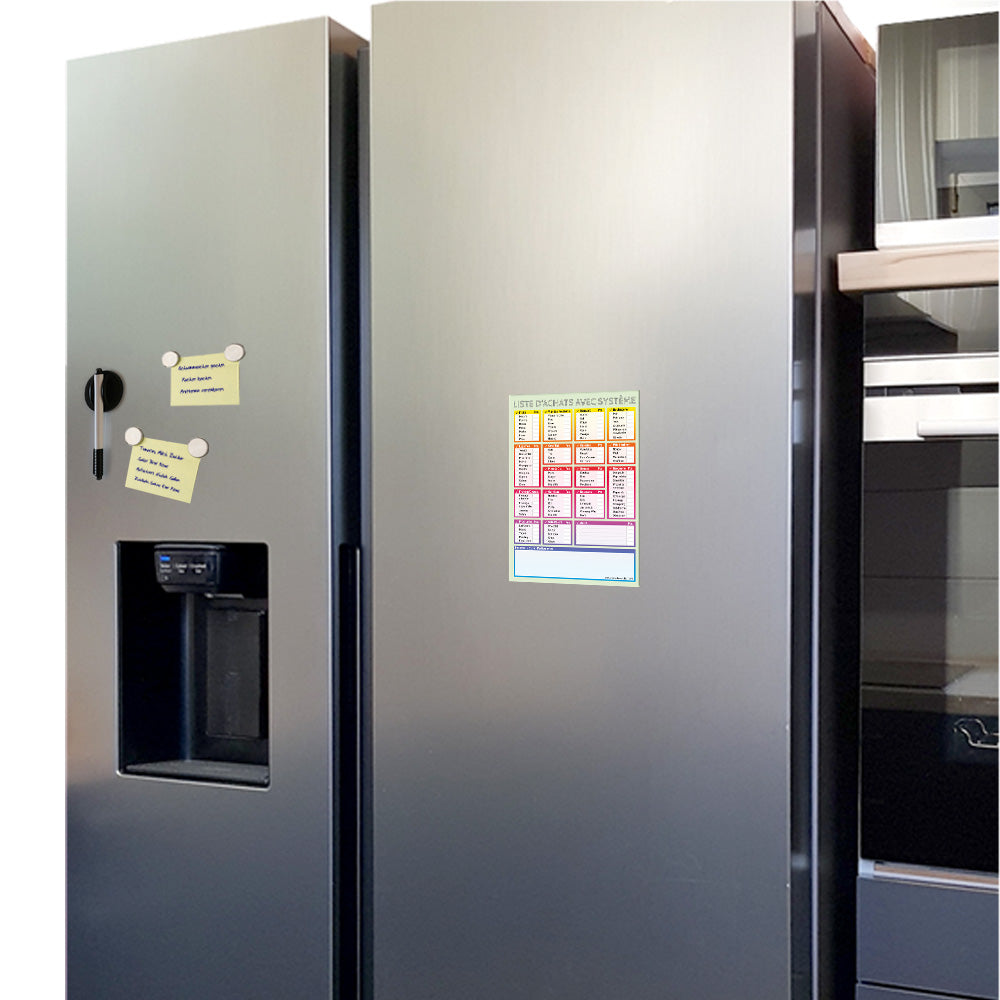 einkaufsliste system bunt, französiche sprachversion, an kühlschrank