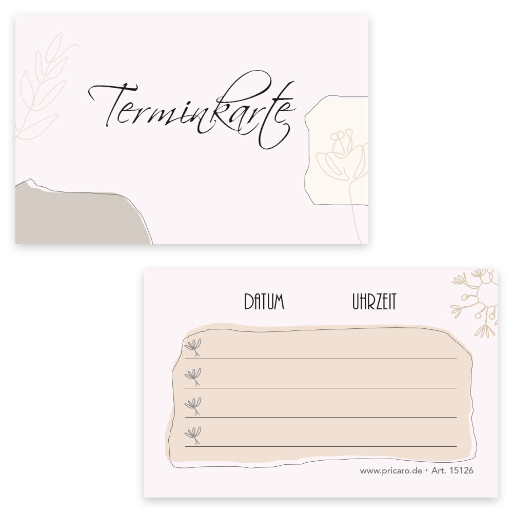 terminkarte kontur, rosa optik, vorderseite mit aufschrift "terminkarte", rückseite bietet platz für vier termine mit datum und uhrzeit