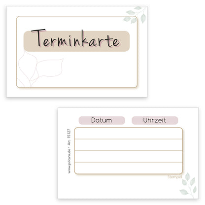 terminkarte blätter, beige-weiße optik, vorderseite mit aufschrift "terminkarte", rückseite bietet platz für vier termine mit datum und uhrzeit