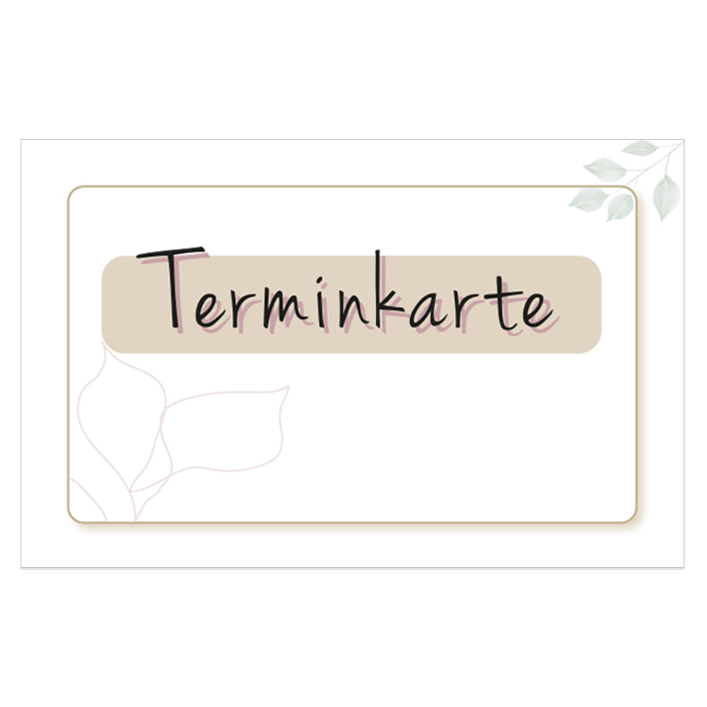 terminkarte blätter, beige-weiße optik, vorderseite mit aufschrift "terminkarte"