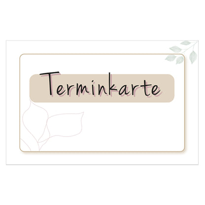 terminkarte blätter, beige-weiße optik, vorderseite mit aufschrift "terminkarte"