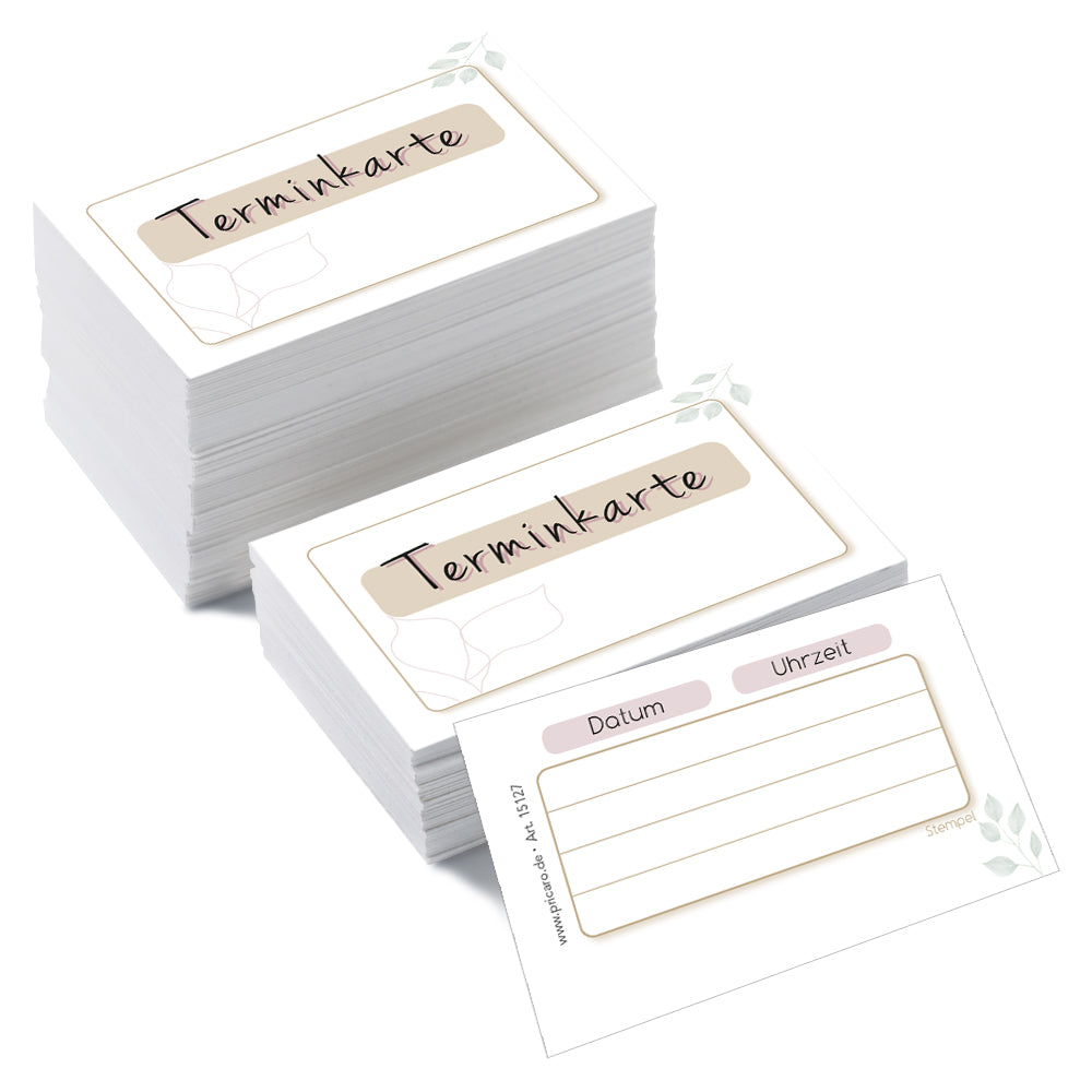 terminkarte blätter, beige-weiße optik, vorderseite mit aufschrift "terminkarte", rückseite bietet platz für vier termine mit datum und uhrzeit, 200 stück