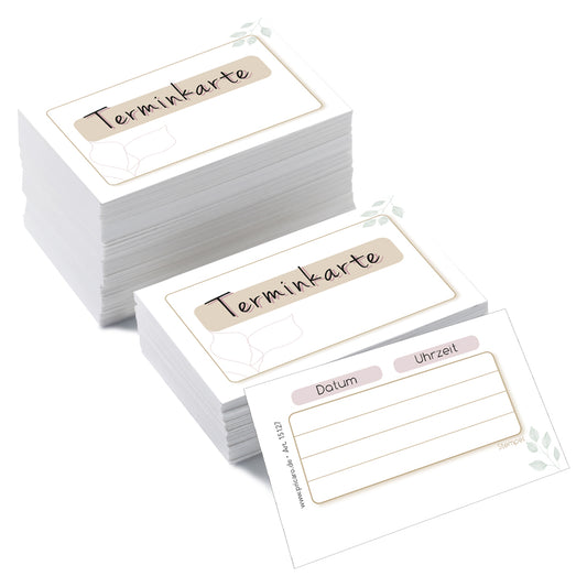 terminkarte blätter, beige-weiße optik, vorderseite mit aufschrift "terminkarte", rückseite bietet platz für vier termine mit datum und uhrzeit, 200 stück