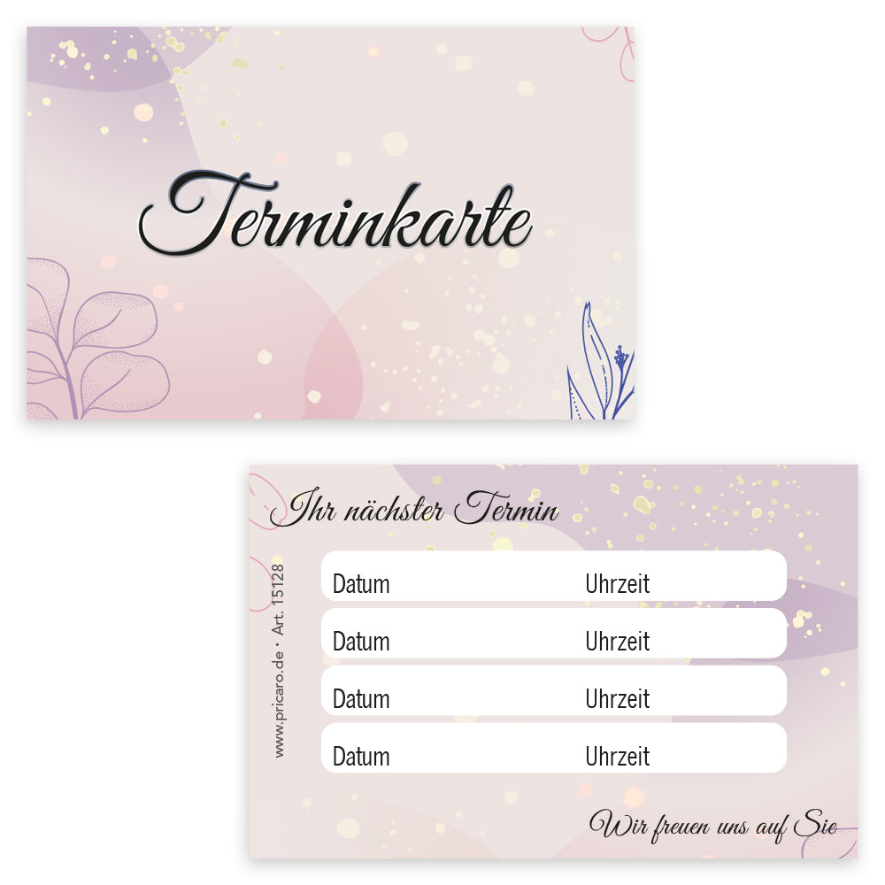terminkarte lila, rosa-lila optik, vorderseite mit aufschrift "terminkarte", rückseite bietet platz für vier termine mit datum und uhrzeit