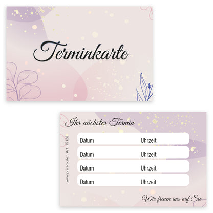 terminkarte lila, rosa-lila optik, vorderseite mit aufschrift "terminkarte", rückseite bietet platz für vier termine mit datum und uhrzeit