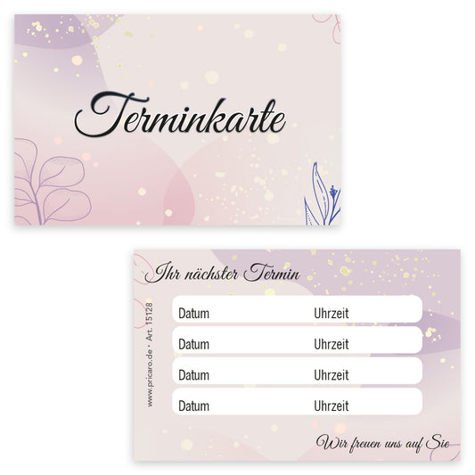 terminkarte lila, rosa-lila optik, vorderseite mit aufschrift "terminkarte", rückseite bietet platz für vier termine mit datum und uhrzeit