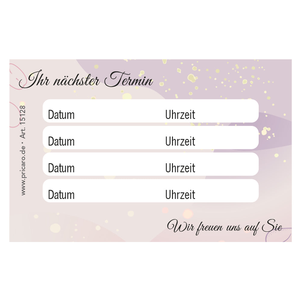 terminkarte lila, rosa-lila optik, rückseite bietet platz für vier termine mit datum und uhrzeit