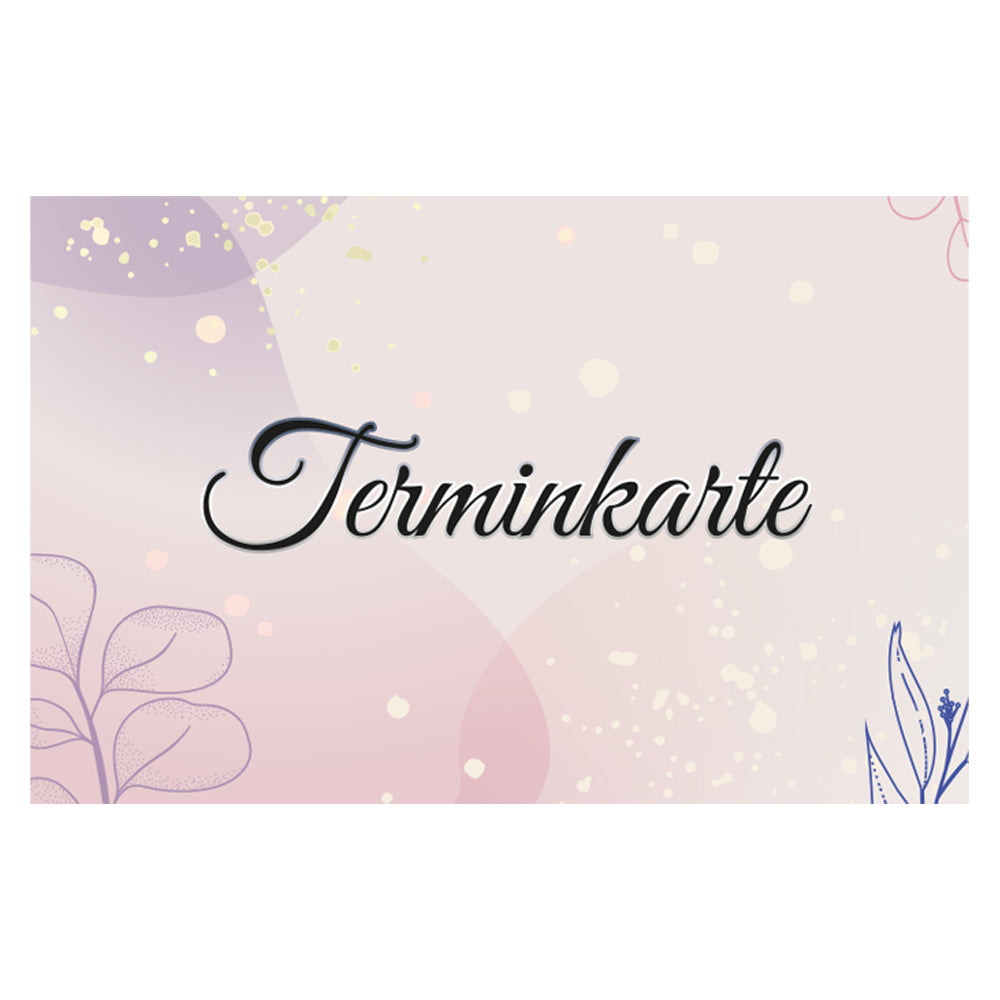 terminkarte lila, rosa-lila optik, vorderseite mit aufschrift "terminkarte"