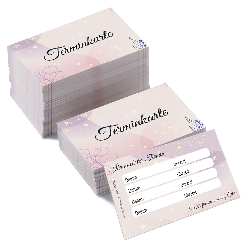 terminkarte lila, rosa-lila optik, vorderseite mit aufschrift "terminkarte", rückseite bietet platz für vier termine mit datum und uhrzeit, 200 stück