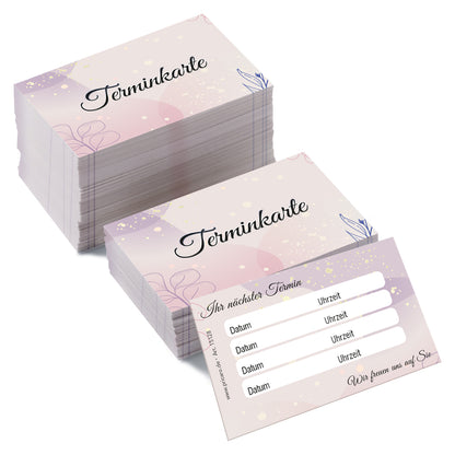terminkarte lila, rosa-lila optik, vorderseite mit aufschrift "terminkarte", rückseite bietet platz für vier termine mit datum und uhrzeit, 200 stück