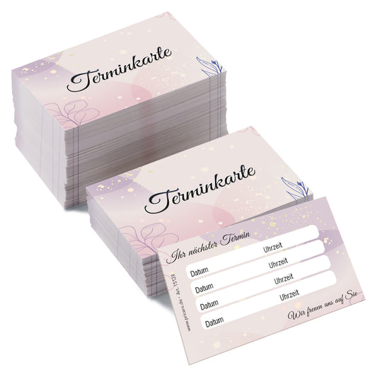 terminkarte lila, rosa-lila optik, vorderseite mit aufschrift "terminkarte", rückseite bietet platz für vier termine mit datum und uhrzeit, 200 stück