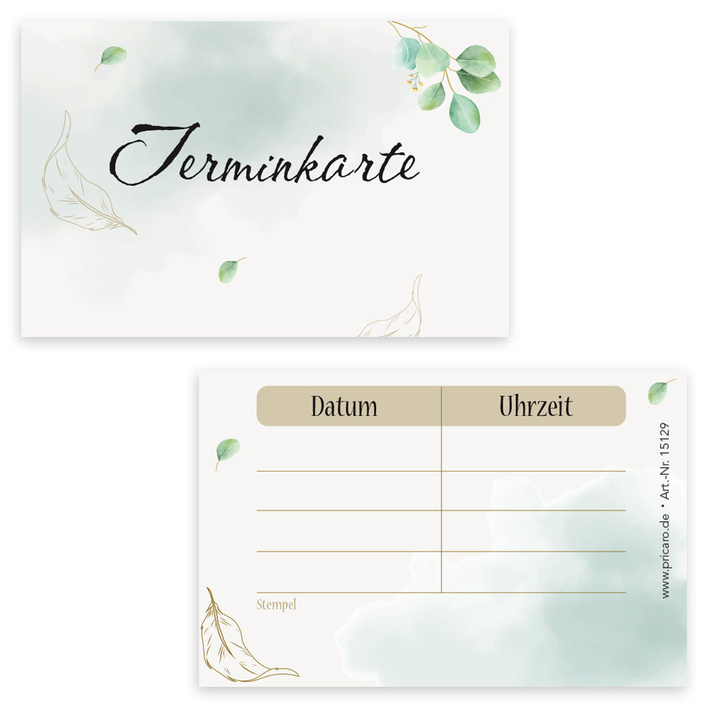 terminkarte eukalyptus, weiß-grüne optik, vorderseite mit aufschrift "terminkarte" und kleinen blättern, rückseite bietet platz für vier termine mit datum und uhrzeit