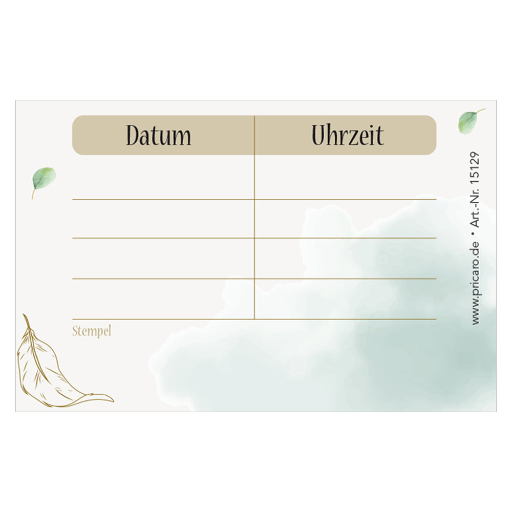 terminkarte eukalyptus, weiß-grüne optik, rückseite bietet platz für vier termine mit datum und uhrzeit