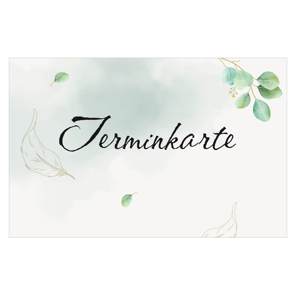 terminkarte eukalyptus, weiß-grüne optik, vorderseite mit aufschrift "terminkarte" und kleinen blättern